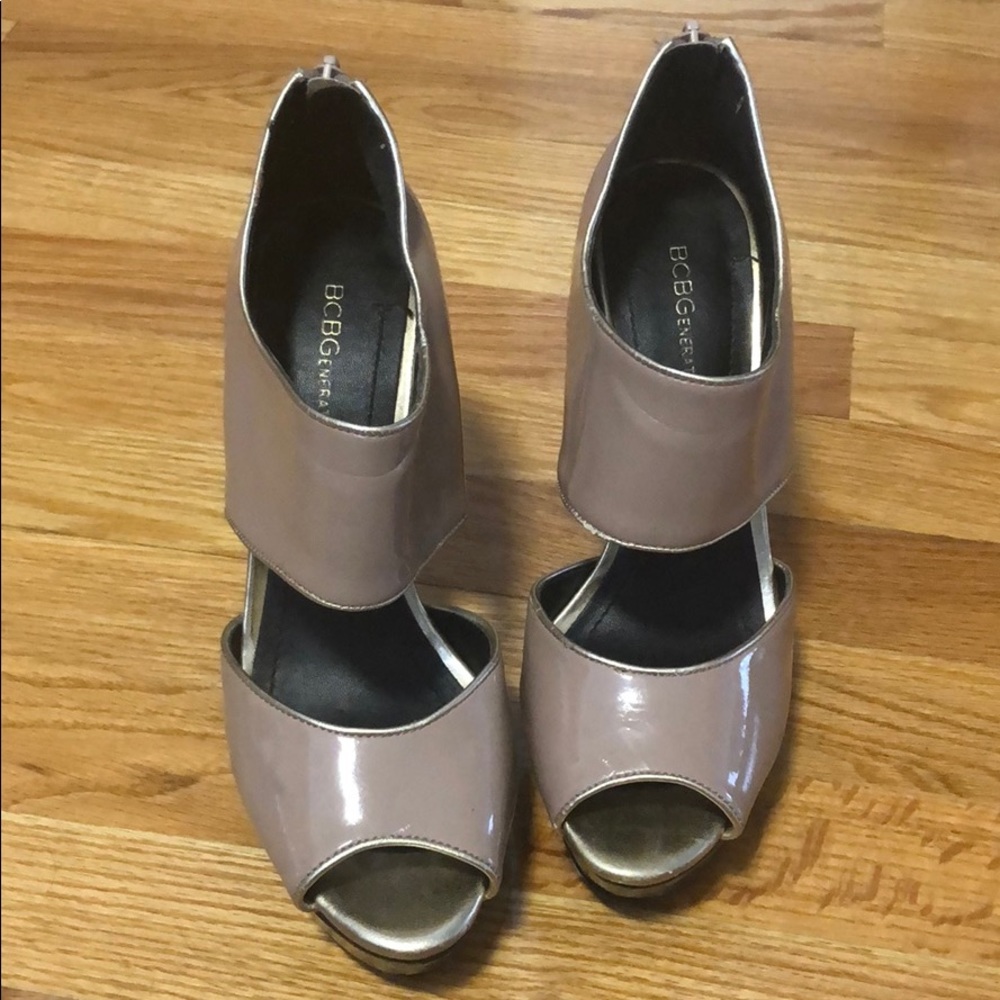 Beige and Black Patent Leather Heels